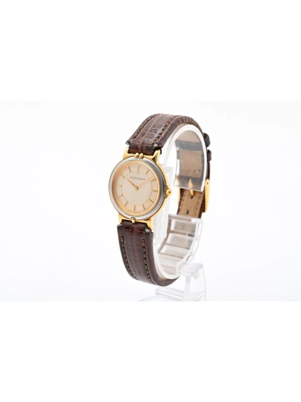 Saint Laurent YSL 2200 Quartz Watch Gold Dial Leather Strap